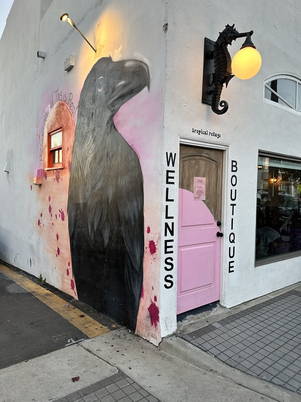 Tropical Refuge storefront with the raven mural and pink door at dusk